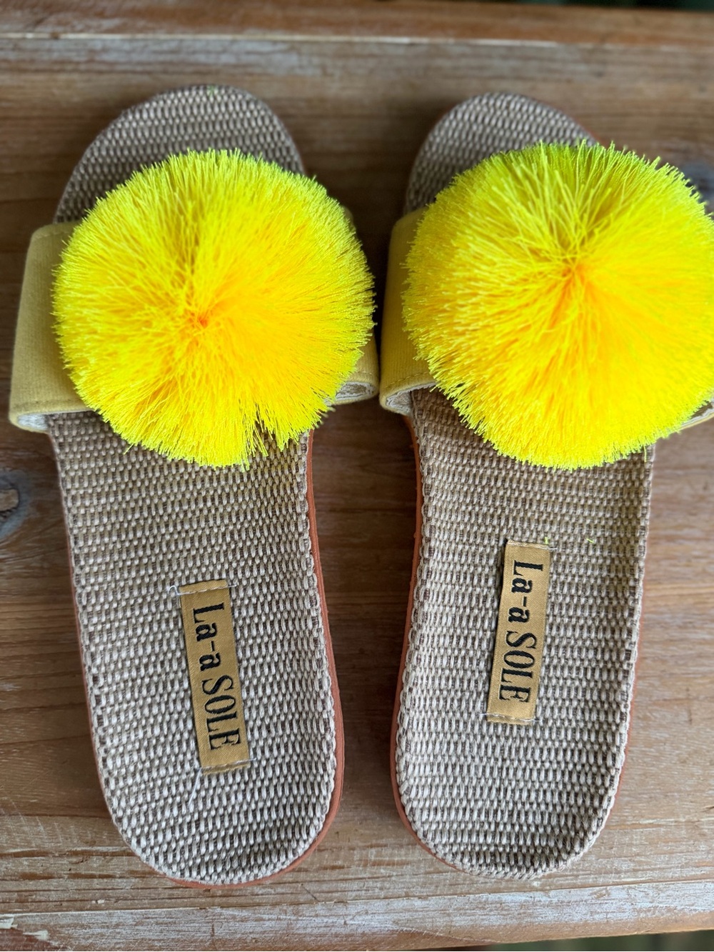 Yellow Pom-Pom Slide Sandals